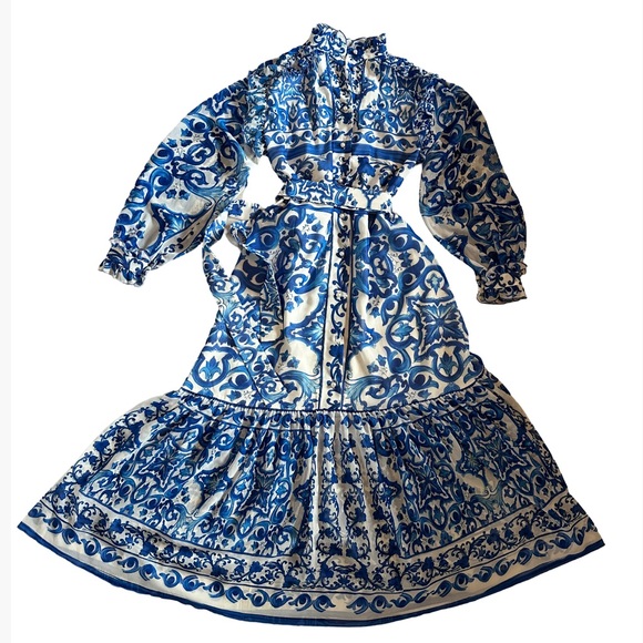 Christina Berla/Berla Couture 100% Silk Shifon Blue/ White Maxi dress with belt - Picture 1 of 11